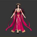 Woman In Red Long Dress With Golden Decorations Long Hair Headpiece And Flowing Ribbons