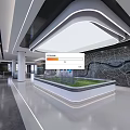 Modern Exhibition Hall Interior With Central Glass Display Platform And LED Lighting Design