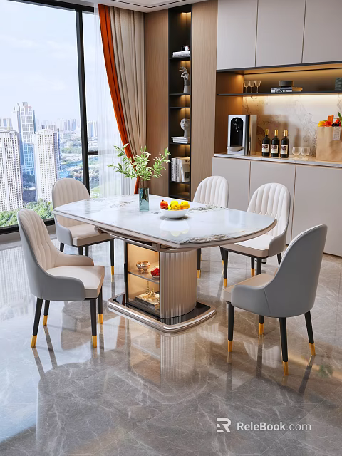 Elegant Modern Restaurant With Marble Dining Table Grey Chairs Gold Legs City View Window Vase 3d model 