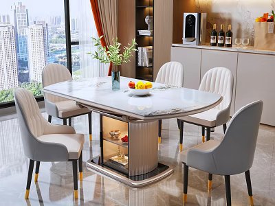 Elegant Modern Restaurant With Marble Dining Table Grey Chairs Gold Legs City View Window Vase 3d model