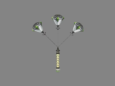 Three Diamond Shaped Weapon With Striped Handle Green Accents And Symmetrical Design 3d model