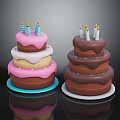 Multi Layered Birthday Cakes With Different Colored Frosting And Candles On Top