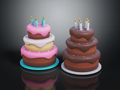 Multi Layered Birthday Cakes With Different Colored Frosting And Candles On Top 3d model