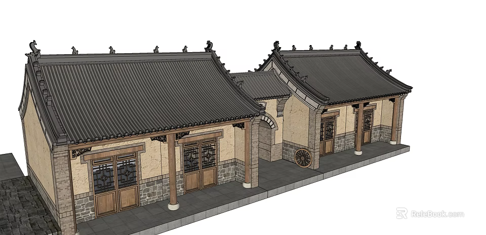 Ancient Chinese Architecture With Traditional Tiled Roof Wooden Doors And Stone Walls 3d model 