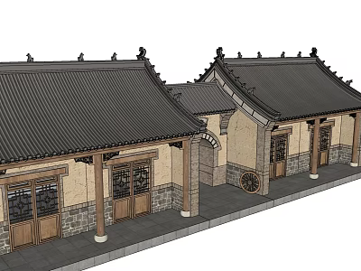 Ancient Chinese Architecture With Traditional Tiled Roof Wooden Doors And Stone Walls 3d model