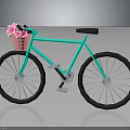 Turquoise Bicycle With Pink Basket Holding Pink Flowers Black Seat And Wheels