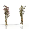 Two Bunches of Dried Flowers Pink and Green Tied with String on White Background
