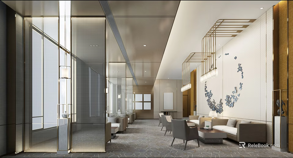 Modern Elegant Lounge Area With Glass Partitions Sofas Pendant Lights Carpet And Decorative Art 3d model 