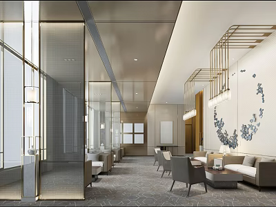 Modern Elegant Lounge Area With Glass Partitions Sofas Pendant Lights Carpet And Decorative Art 3d model