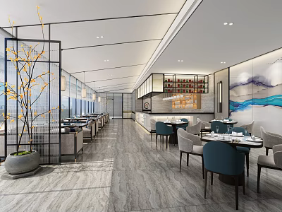 Modern Restaurant Interior Design With Round Tables Blue Chairs Metal Screens And Wavy Wall Art 3d model