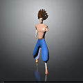 3D Character With Spiky Brown White Hair Shirtless Blue Baggy Pants Standing On Dark Background