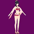 Woman in Red Bikini and Shorts with Pink Fringed Shawl and Headpiece on Purple Background