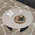 Round White Coffee Table with Wooden Tray Apple Teacup and Tissue Box in Living Room