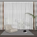 Beige Modern Curtains Sheer White Blinds In Large Window Living Room With Cozy Bean Bag