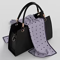 Black Handbag With Gold Metal Hardware And Light Purple Polka Dot Scarf Plus Gloves