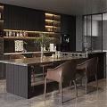 Modern Kitchen Interior Design With Island Counter Brown Chairs Green Plant And Dark Cabinets
