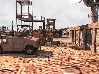 Military Base Scene With Military Vehicle Metal Towers Brick Buildings On Sandy Ground And Crates 3d model