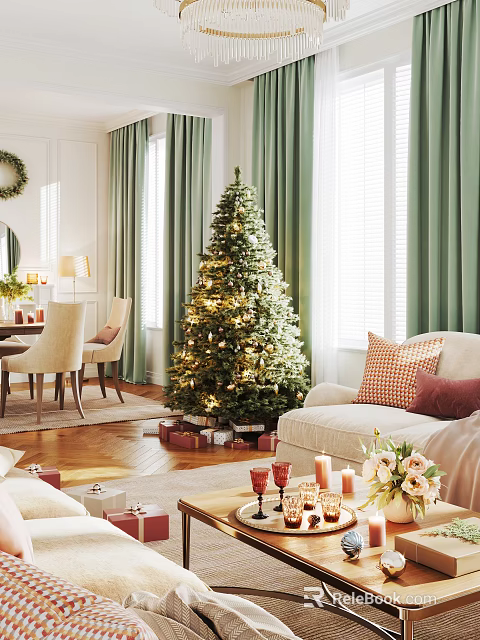 Festive Living Room With Christmas Tree Gifts Sofas Pillows And Curtains 3d model 
