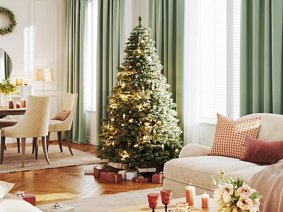 Festive Living Room With Christmas Tree Gifts Sofas Pillows And Curtains 3d model
