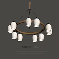 Annular Chandelier With White Lampshades Multiple Bulbs And Brown Wooden Frame