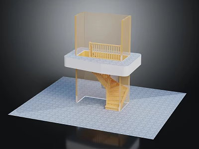 Modern Architectural Model Featuring Wooden Staircase Upper Platform With Railing And Transparent Panels 3d model