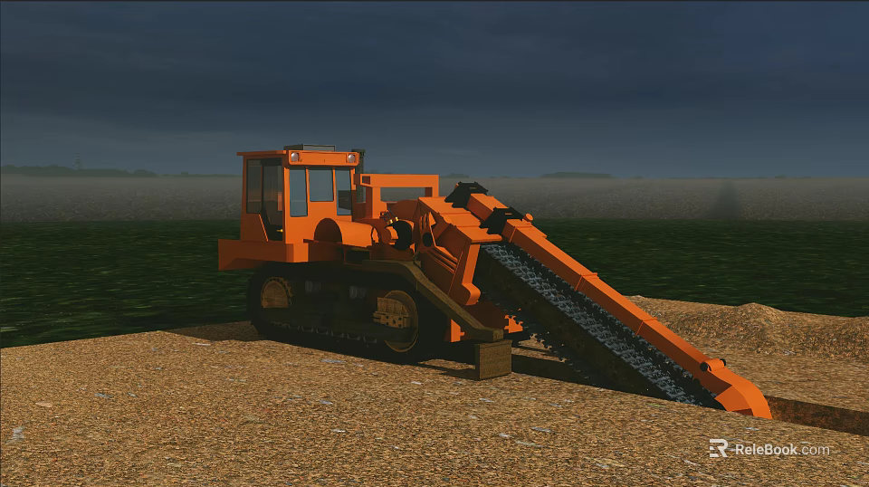 Orange Tracked Utility Vehicle With Long Conveyor Belt On Farm Field 3d model 