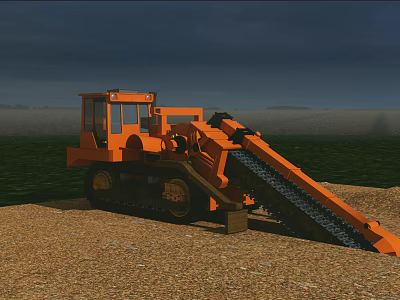 Orange Tracked Utility Vehicle With Long Conveyor Belt On Farm Field 3d model