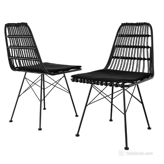 Black Outdoor Chairs with Woven Backrest and Sturdy Metal Legs 3d model 