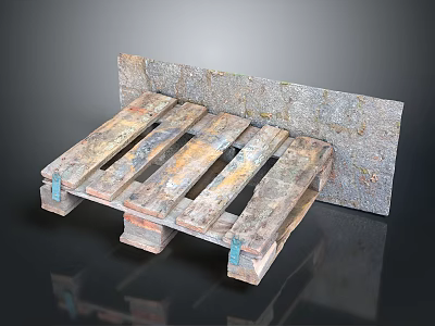 Old Wooden Pallet With Metal Corner Brackets Worn Surface And Wood Grain On Dark Background 3d model