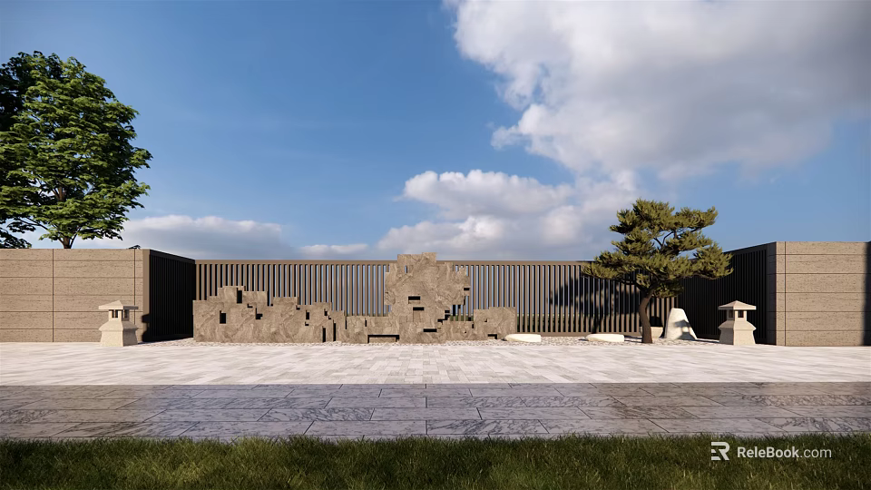 Textured Stone Feature Wall With Geometric Patterns In Outdoor Paved Square Pine Tree And Clouds 3d model