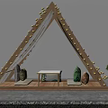 Triangular Wooden Tent With Decorative Elements Table Cushions Green Plants And Gray Gravel