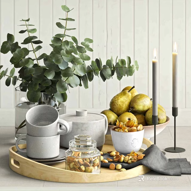 Fresh Pears And Nuts On Wooden Tray With Eucalyptus Leaves And Candles 3d model 