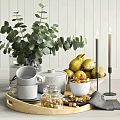 Fresh Pears And Nuts On Wooden Tray With Eucalyptus Leaves And Candles