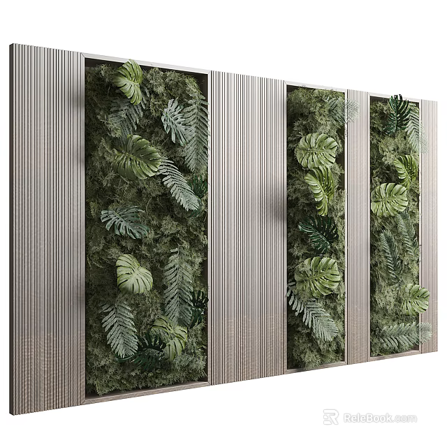 Modern Living Plant Wall Design Featuring Green Foliage And Vertical Striped Panels 3d model 