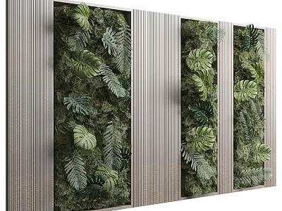 Modern Living Plant Wall Design Featuring Green Foliage And Vertical Striped Panels 3d model