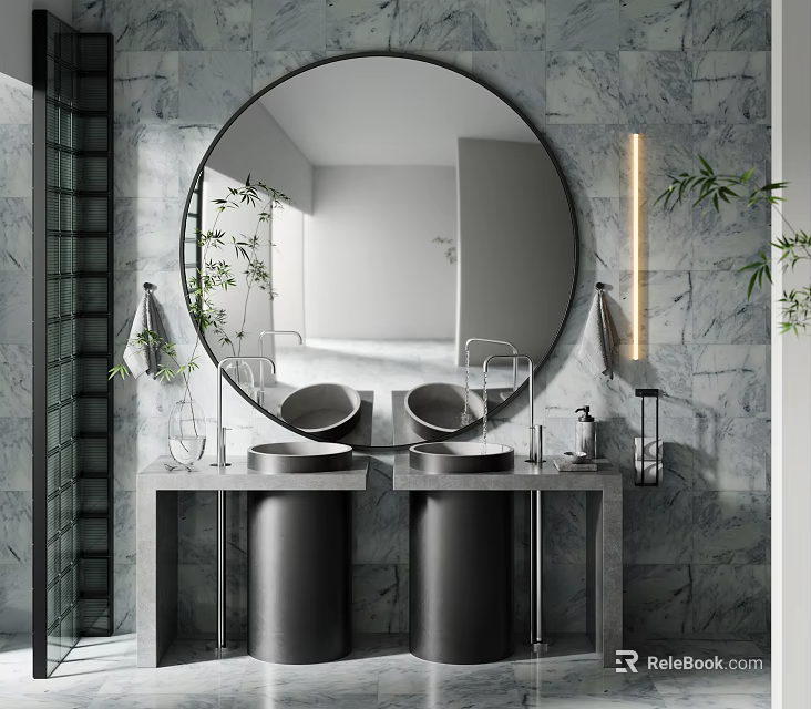 Modern Bathroom Interior Set With Round Mirror Double Sink Vanity And Marble Wall 3d model