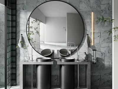 Modern Bathroom Interior Set With Round Mirror Double Sink Vanity And Marble Wall 3d model