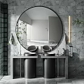 Modern Bathroom Interior Set With Round Mirror Double Sink Vanity And Marble Wall 3d model