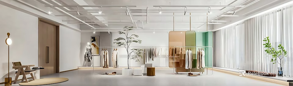 Stylish Modern Clothing Store Interior With Hanging Clothes Racks And Green Plants 3d model 