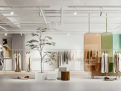 Stylish Modern Clothing Store Interior With Hanging Clothes Racks And Green Plants 3d model