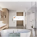 Elegant Modern Hotel Bathroom Interior With Freestanding Bathtub Glass Shower And Marble Countertop