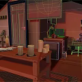 Cartoon Style Attic Room With Red Toned Wooden Table Candles Books And Computer Chair