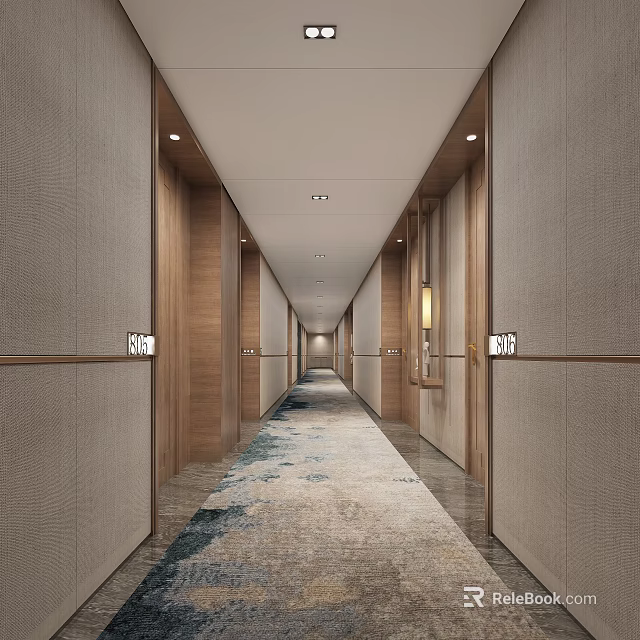 Hotel Corridor Interior With Wooden Doors Patterned Carpet And Soft Ambient Lighting 3d model 