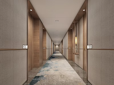Hotel Corridor Interior With Wooden Doors Patterned Carpet And Soft Ambient Lighting 3d model