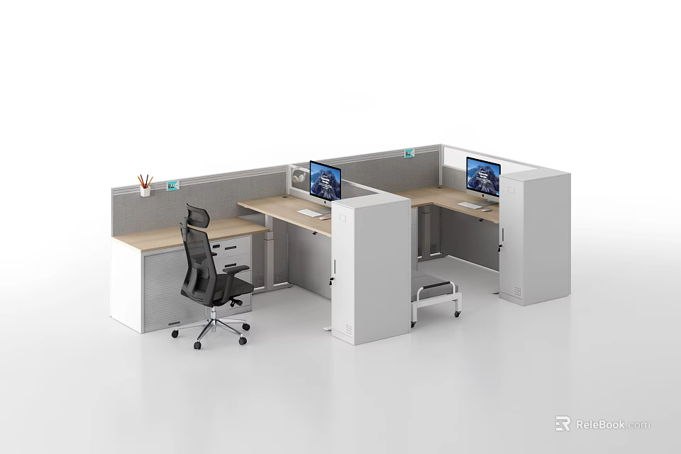 Modern Office Desk Setup With Workstations Computer Monitors And Office Chair 3d model 