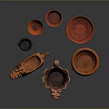 Handcrafted Carved Pottery Sculptures With Animal Shapes Orange Black Bowls And Cups