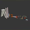 White Ladder And Tools Including Hammer Wrench Screwdriver On Dark Background With Reflections 3d model