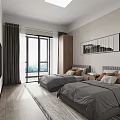 Modern Bedroom Interior with Twin Beds Wooden Wardrobes And Wall Artwork