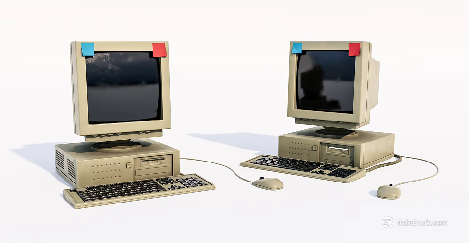 Old Desktop Computers with CRT Monitors Keyboards Mice and Red Blue Stickers on Screens 3d model 