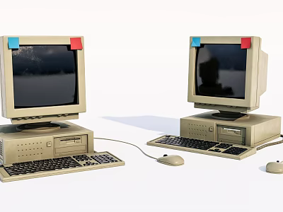 Old Desktop Computers with CRT Monitors Keyboards Mice and Red Blue Stickers on Screens 3d model